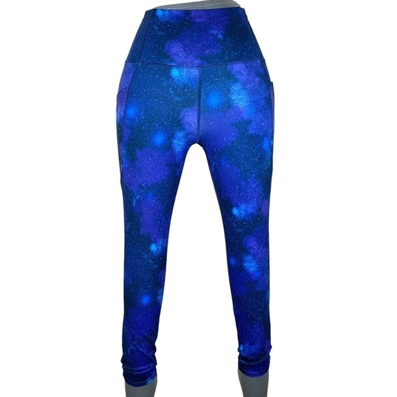 Small NEW Galaxy Print Athletic Leggings Stretch Pockets Activewear Blue Purple - Picture 1 of 11